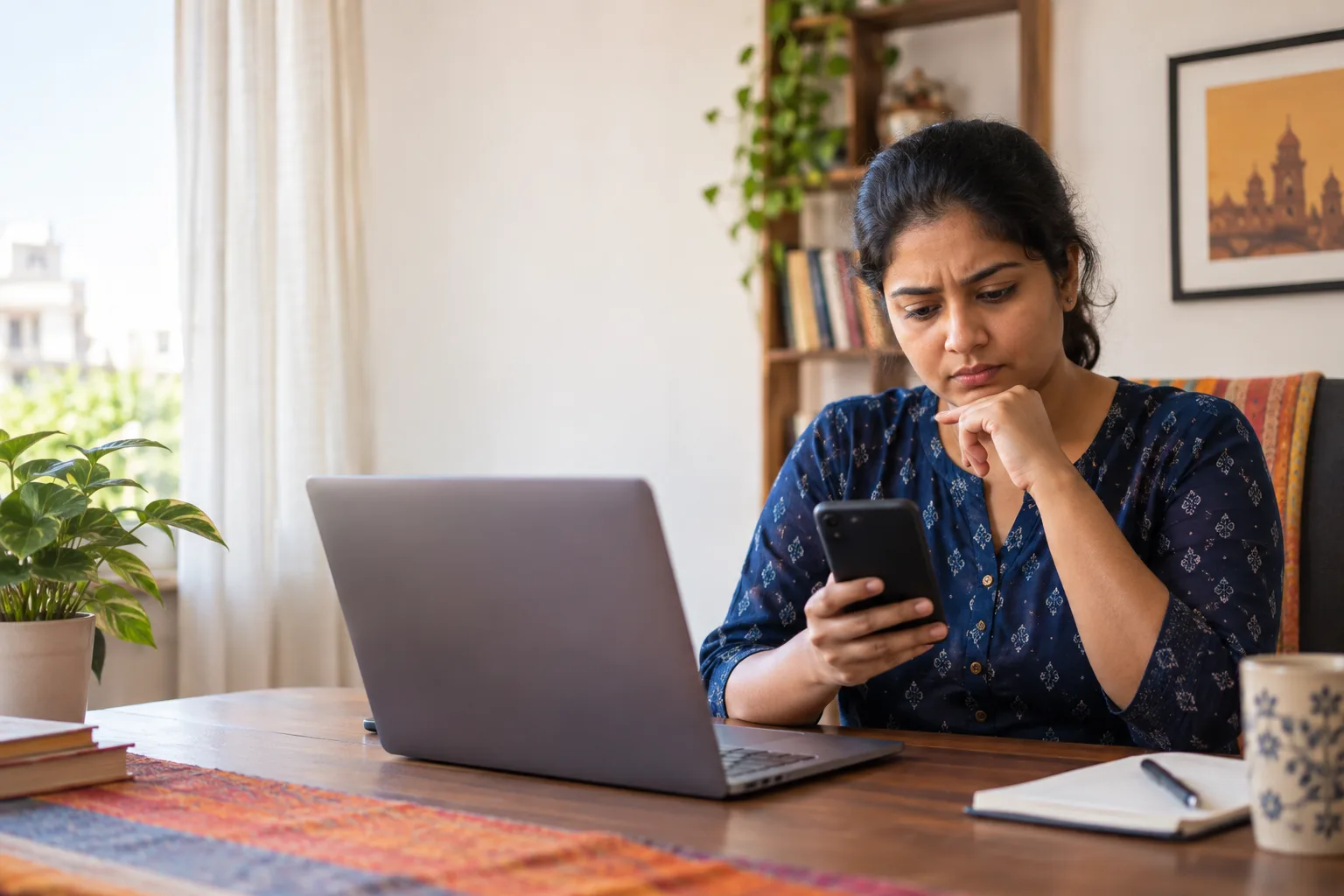 An Indian job seeker checks a phone message against information on a laptop